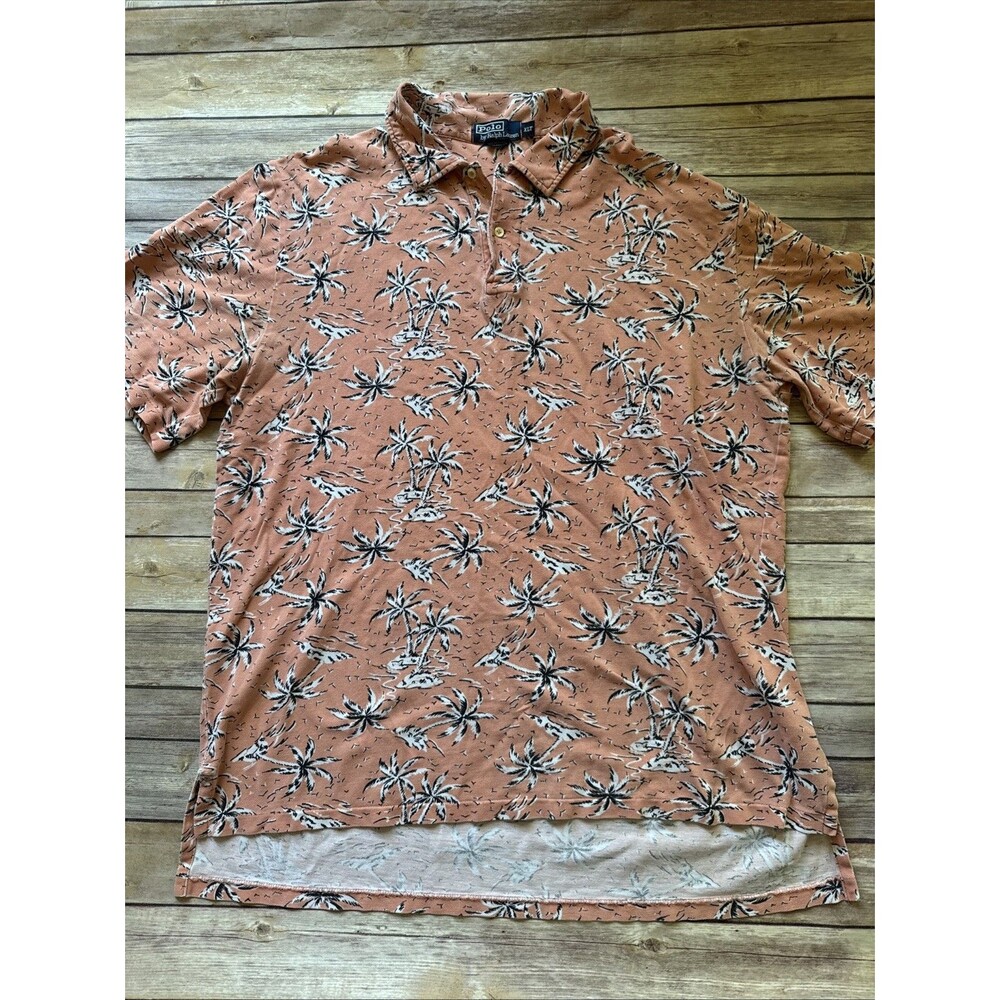 Ralph Lauren Men's Polo Shirt Size XLT Hawaiian Palm Trees Peach Blue Tag
